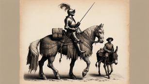 Rysunek rycerza z kopią na koniu i giermka na ośle obok - Placeholder wygenerowany przez AI