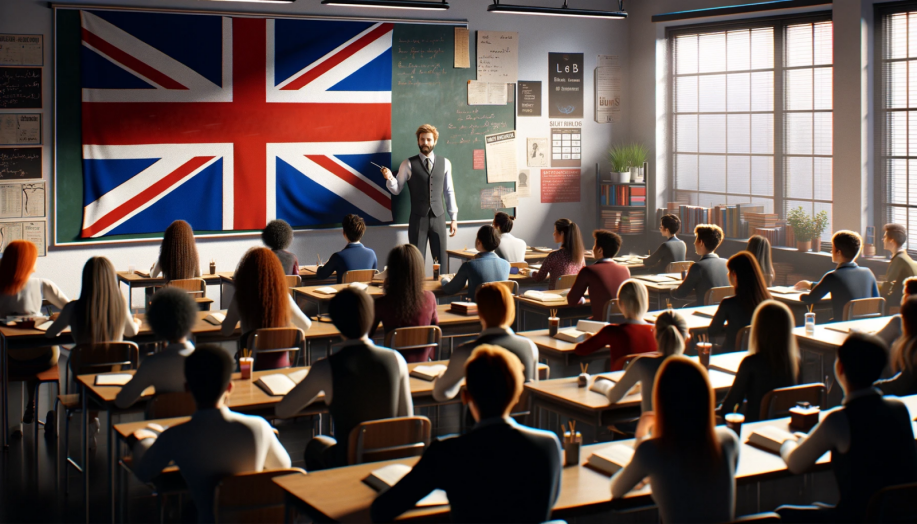 Grupa uczniów siedziąca w klasie z flagą Wielkiej Brytani - Placeholder wygenerowany przez AI