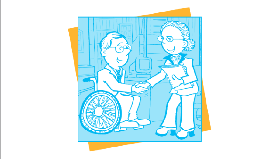 Rysunek przedstawia stojącą kobietę podającą rękę mężczyźnie na wózku inwalidzkim