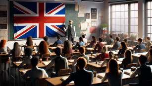 Grupa uczniów siedziąca w klasie z flagą Wielkiej Brytani - Placeholder wygenerowany przez AI