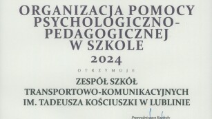 WYRÓŻNIENIE w kategorii ORGANIZACJA POMOCY PSYCHOLOGICZNO- PEDAGOGICZNEJ W SZKOLE 2024