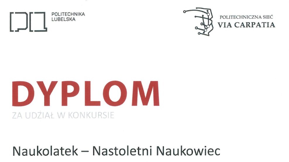 Dyplom za udział w konkursie Naukolatek - Nastoletni Naukowiec